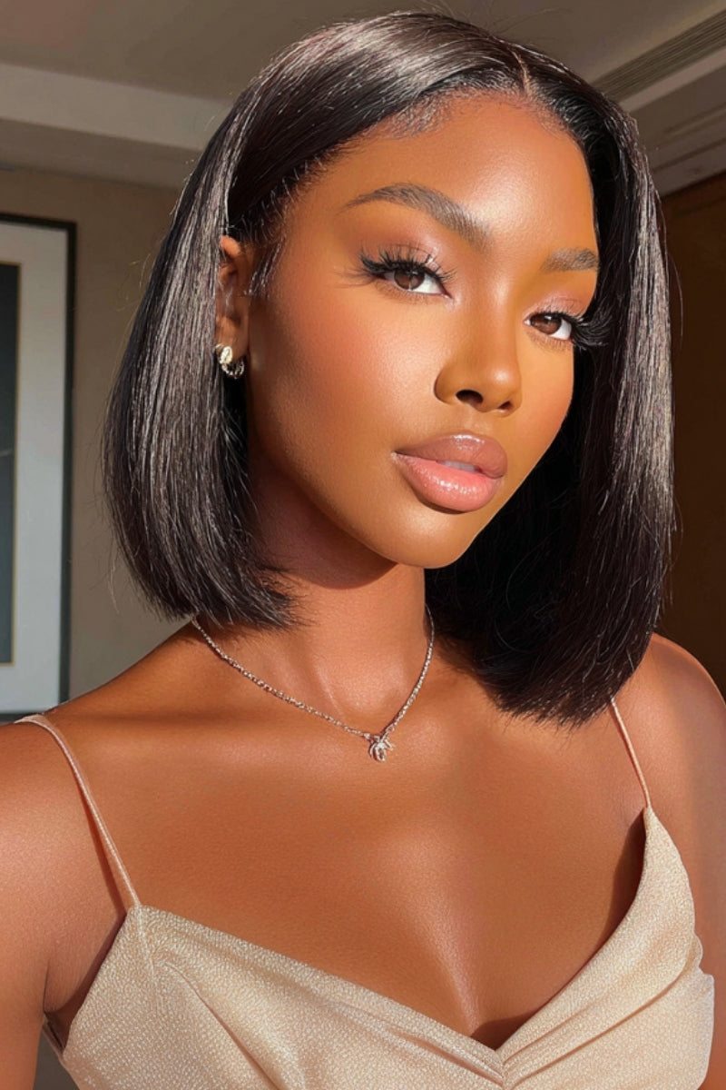 Black Medium Blunt Cut Bob, Silky Straight Glueless HD Lace Wig, Real Scalp Effect 13x4, 180% Density, Ready to Wear