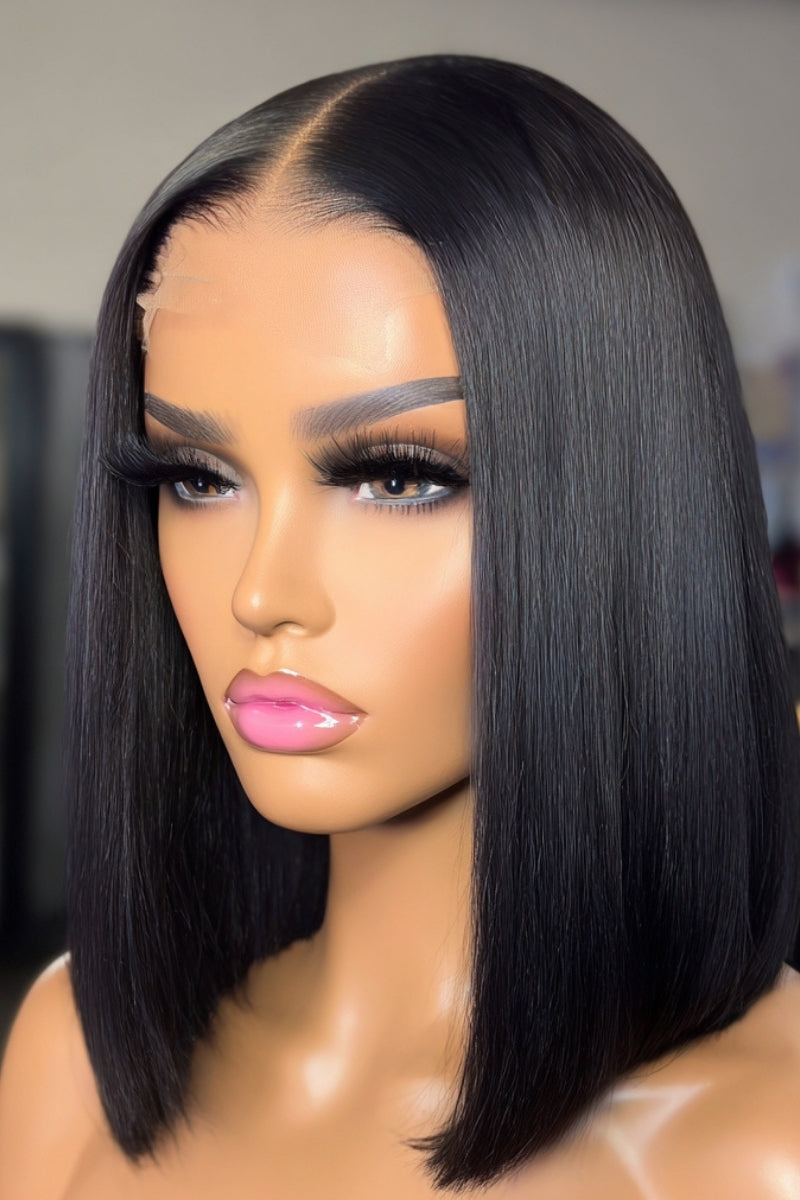 Black Medium Blunt Cut Bob, Silky Straight Glueless HD Lace Wig, Real Scalp Effect 13x4, 180% Density, Ready to Wear