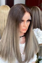 Two-Tone Human Hair Wig - Ash Blonde with Dark Roots, Anti-Slip PU Cap