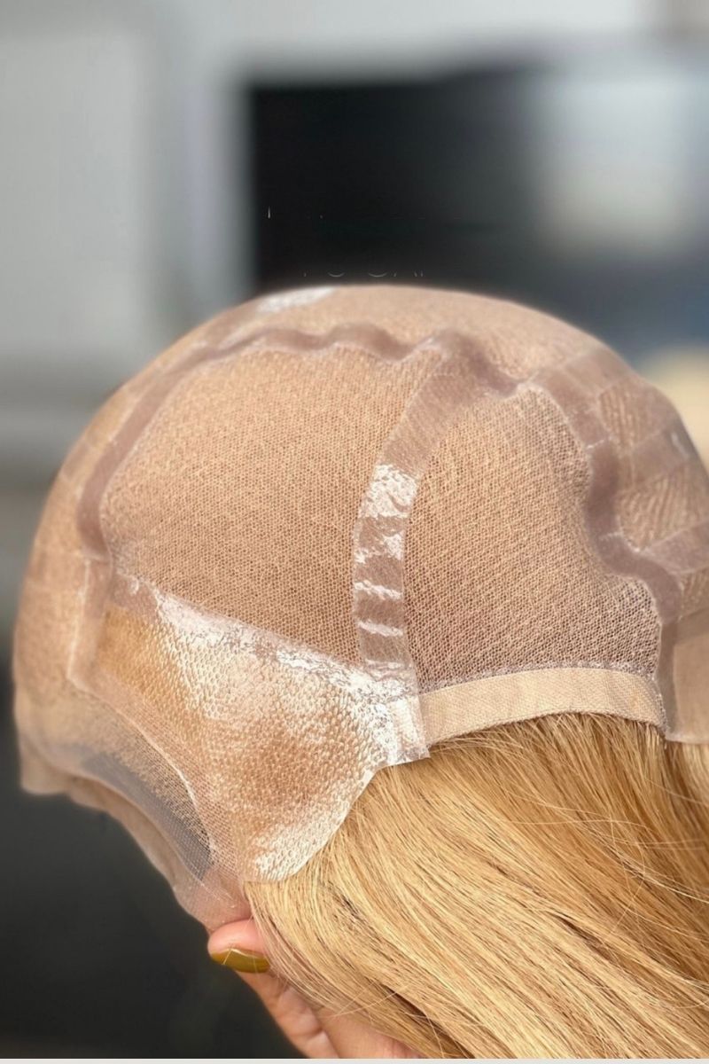 Medium Blonde with Highlights Wig For Chemo patients, Alopecia Patients, Hair Loss Patients, Anti Slip PU Cap Glueless Swiss Lace Wig, Real Scalp Effect, 200 grams, Ready to Wear